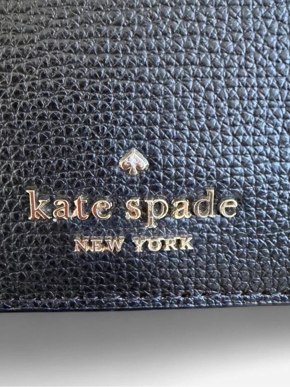 kate spade Black Pebbled Leather Logo Wallet with Gold Hardware